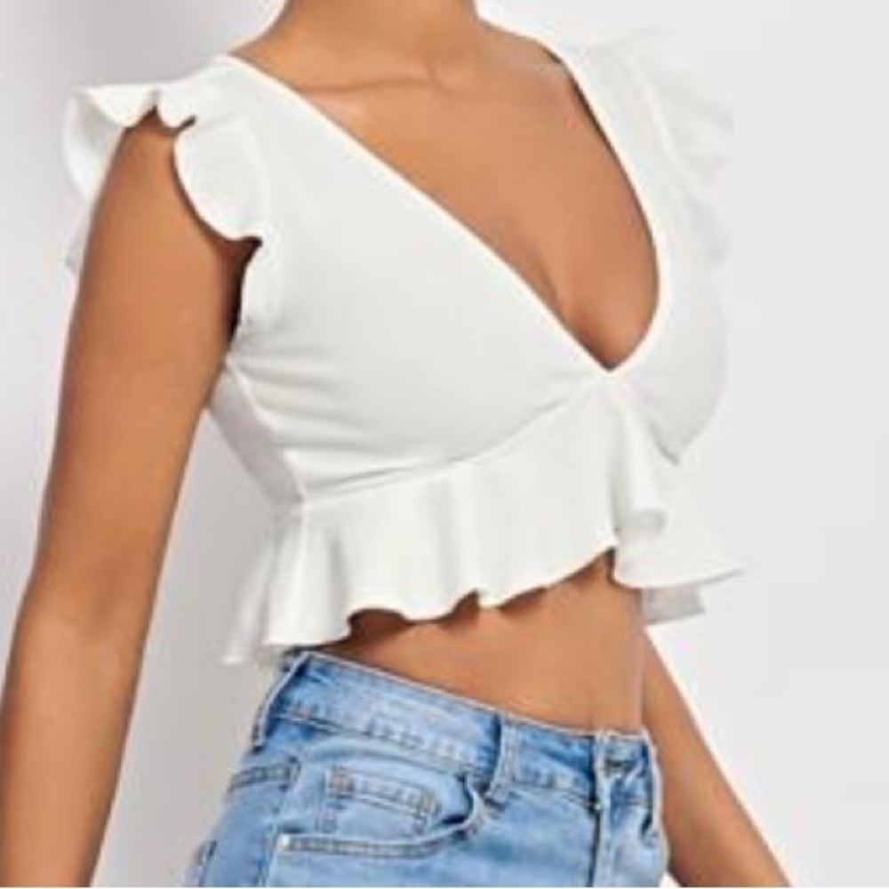 Shein White Ruffle Deep V Ruffle Frilly Crop Top, Size Small, Boho Festival